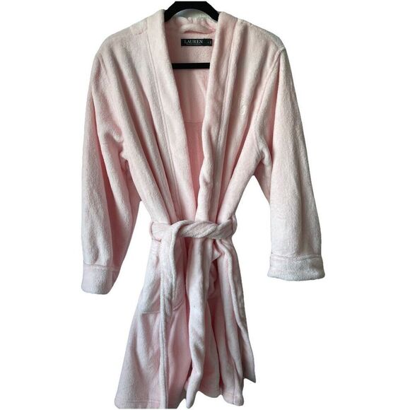 Lauren Ralph Lauren Pink Plush Shawl Collar Short Robe w. Pockets NWOT Large $74 - Picture 1 of 4